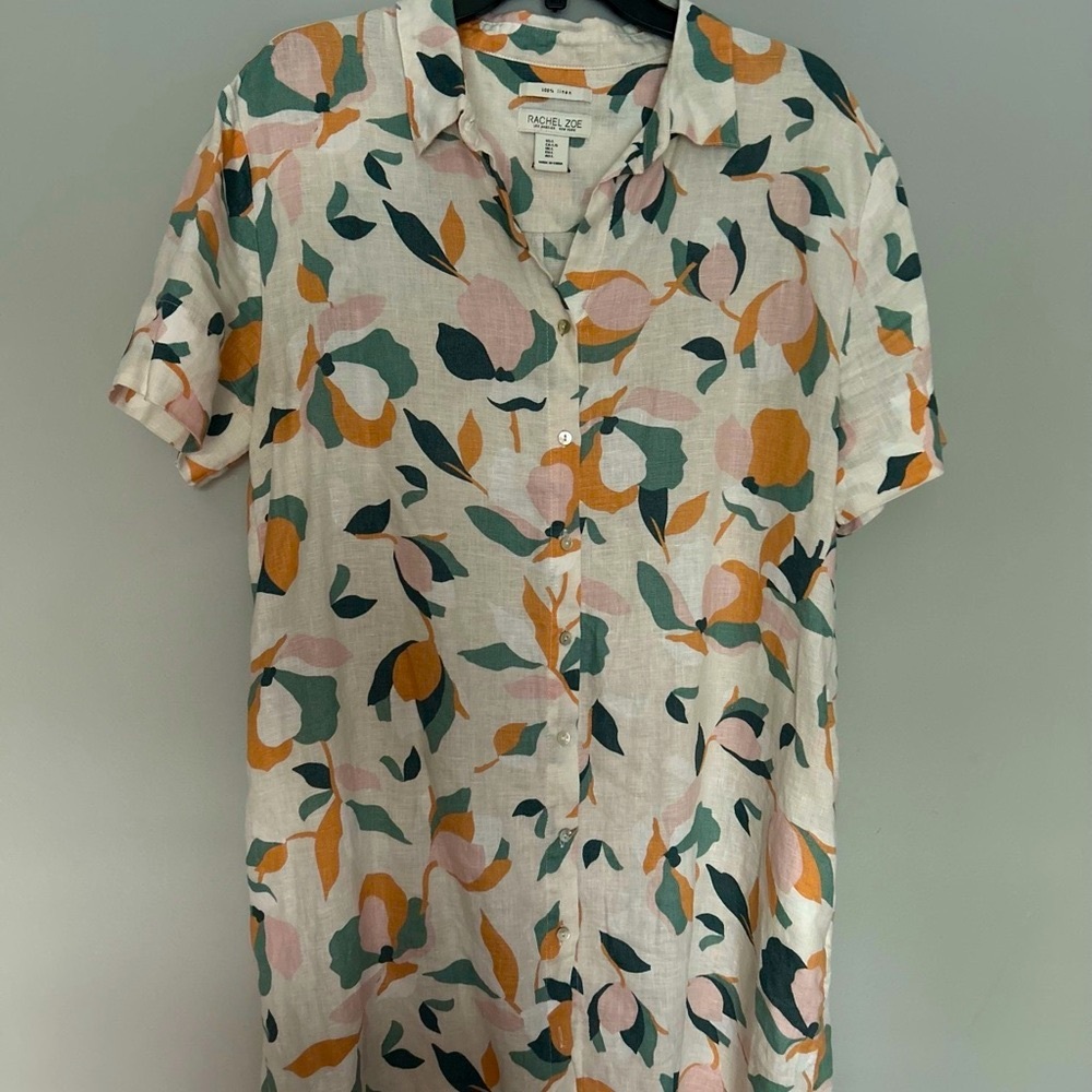 Rachel Zoe White Floral Button-Up Blouse with Pink, Green & Mustard Accents